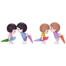 우산 뽀뽀 커플 캐릭터 미니어쳐 가든 피규어 원예장식, 우산뽀뽀커플 브라운