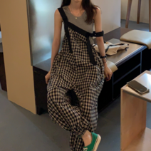 나루니 W05154 체크무늬 점프수트 멜빵바지 긴바지 여름 프리사이즈 사은품증정