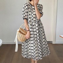 여친룩 청순 린넨 라운드 롱원피스 퍼프소매 꽃플라워