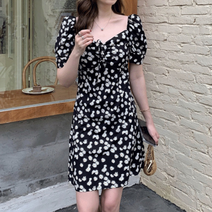 [히스몰]오프숄더 변신 브이넥 여성 미니원피스 화사한 플라워 프린팅 반팔 원피스 블랙