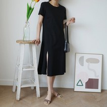 반팔 라운드넥 트임 디테일 원피스 모던 주말 10대 롱