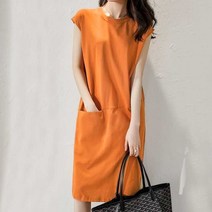 여름 휴가 이지룩 여성 라운드넥 포켓 미디 원피스 #9999EA