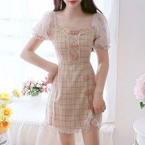 체크 원피스 스타일리쉬 프렌치 스윗 키 작은 사람 여성 여름 스카이 614989341