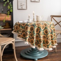 DFMEI 방수 전원 그린 폴리 면 식탁보 식탁보 거실 사각 티 테이블 식당 덮개 퀼트 거북이 등 대나무 식물, 자카르 해바라기+흰수염, 원형120
