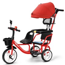 어린이 세발 자전거 트윈 자전거 쇼핑카트장착 유아용, 레드 폼 휠  푸시 핸들  난간 베개