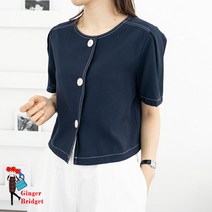 스티치 퍼프소매 라운드넥 크롭 블라우스 여름 여성 반팔 자켓 오피스룩