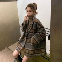 더블 코트 자켓 격자 무늬 모직 중간 길이 가을 겨울 영국 모직 패딩