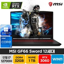 MSI Sword GF66 A12UE 인텔 12세대 i7-12700H RTX3060 윈도우11 노트북, GF66 Sword, WIN11 Home, 32GB, 1TB, 코어i7, 블랙