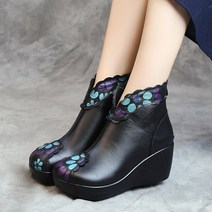 도오빠 문트핏 여성 가죽 앵클 부츠 기모 웨지힐 워커 키높이 6.5cm 통굽 꽃무늬안감 겨울 여자부츠 신발