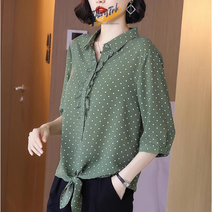 MOSAIRATION 중년여성 여름 7부소매 셔츠 루즈핏 빅사이즈 도트 프릴 매듭 남방 상의 엄마 40-60대 A66