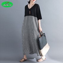 SHENGBO여름 루즈핏 린넨 체크 빅사이즈 여성복 원피스