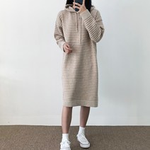 오오엘 여성용 램스울 단가라 루즈핏 니트 후드 롱 원피스