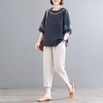 여성 여름 소매 퍼프 린넨 바지 투피스 세트 엄마선물 복고풍 법복
