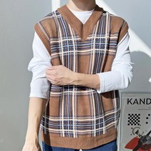 남자 오버핏 체크 무늬 니트조끼 v넥 내추럴 니트쪼끼 포멀 출근룩 베스트조끼 스타일