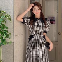 해외여행룩 여름 원피스 스냅 촬영 통통 위한 대형 레트로 프랑스 스타일 인형 칼라 셔츠 격자 무늬 슬리밍 보우 드레스