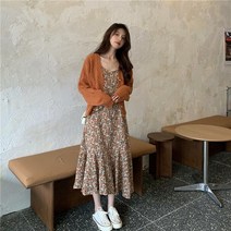 플라워 롱 나시원피스 모코블링 니트 가디건 투피스 세트 데일리룩 SQC2108018Z