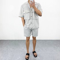 엠클로 남자 오버핏 바람막이 나일론 포켓 반팔 셔츠 자켓 밴딩 반바지 3종세트