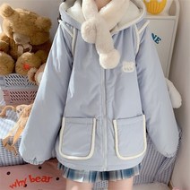 베이식 자켓 일본 달콤한 Loli 소녀 코트 Kawaii 후드 베어 귀 귀여운 양면 지퍼 전체 슬리브 Lambswool Thicken Outerweat 유지