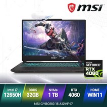 [백팩 증정] MSI 사이보그15 A12VF 12세대 인텔 RTX4060 윈도우11 게이밍 노트북, WIN11 Home, 32GB, 1TB, 코어i7, 블랙