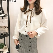 JUST FEEL!NG 기모셔츠 도톰 골덴 코듀로이 긴팔 리본 타이 스트랩 슬림 와이드 루즈핏 액세서리 나비넥타이 프릴 플레어 소매 스탠딩칼라 블라우스