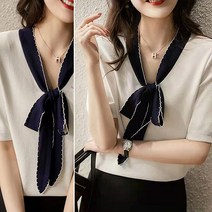 리틀깽스 다이뻐 출근룩 오피스룩 심플 프렌치스타일 블랙 화이트 배색 리본 여름 시원한 쿨 반팔 니트 반팔티
