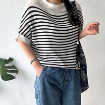 네모엔룩 여성용 가오리단가라 라운드넥 스트라이프 반팔 여름 니트