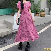 잇츠스타일 [L-4XL] 퍼프 스퀘어넥 복고풍 땡땡이 핑크 도트 반팔 여름 원피스