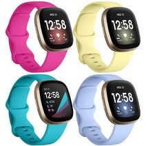 Dirr이엘오 ELO 밴드 Fitbit Sense / Versa 3과 호환 가능 (4팩) 교체용 TPU 스포츠 손목 액세서리 스트랩 3 여성용 남성용 라지 블랙 모데나 블루그, Rose/Teal/Lilac/Yellow, Large