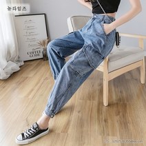 여성 카고 조거 조커 청 팬츠 밴딩 빅포켓 소세지 배기 몸빼 여름 크롭 중청 청바지 키작녀