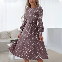 귀여운 땡땡이 미디 원피스 라운드넥 캐주얼 폴카 도트 A라인 긴 소매