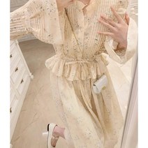고윤정 정유미 원피스 키작녀 퍼프 빅카라 롱 아이유 백예린 프랑스 티 브레이크 러플 꽃무늬 드레스 여성용 고급 도망자 공주 휴가 스타일 허리를 묶는 롱 스커트