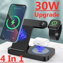 고속무선충전기 멀티충전기 무선충전기 4 in 1 무선 충전기 스탠드 30w qi 고속 충전 독 스테이션 for watch iwatch 7 airpods pro iphone 14, 우리와 함께 흰색 플러그