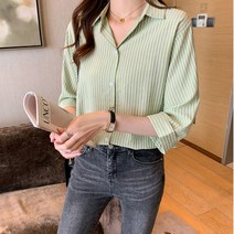 SURBORT 날씬해 보이는 여성 5부 소매 스트라이프 블라우스