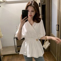 랩 블라우스 셔링 레이스랩 벨티드 반팔 셔츠블라우스 원버튼 핀턱 언발 프릴랩블라우스 모던