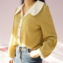 빅걸스토리 빅사이즈 여성 와플 카라 배색 오버핏 여리한 블라우스