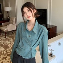 빈티지데님셔츠 언발 여성 2023 년 봄계절 클래식 와이셔츠 고퀄리티 감각 시크 숏 긴소매 상의 4992722655