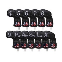 CRAFTSMAN (크래프트맨) 골프 아이언 커버 헤드 세트 11 매들이 (49 Pw Aw Sw Lw X) 번호 자수 롱 넥 엘라스틱 개폐 합성 레더 아메리카짱 스타일 클로버 무늬, 01.아이언 커버