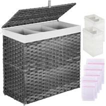 Greenstell 뚜껑이 있는 세탁 바구니 125L 대형 3섹션 의류 바구니 2가지 유형의 탈착식 라이너 백 및 5개의 메시 세탁 가방 수제 합성 라탄 분할 세탁 바구니