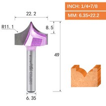 BAILEY 90 V 타입 1/4 CNC 목공 도구 밀링 커터 카바이드 라우터 비트 단단한 나무 MDF 합판용 1PC, [06] D22.2XH22.2mm
