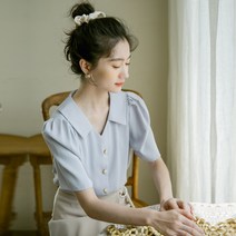 2023 여름 프렌치 브이넥 스윗 반팔 쉬폰 상의 디자인감각 보이핏 볼륨 경숙 숏 셔츠 여성