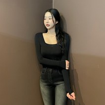 드리뮤즈 여성용 국내제작 슬림핏 스판 무지 심플 스퀘어넥 긴팔 티셔츠 2color