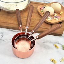 카페클럽 우드스틱 로즈골드 계량스푼 계량컵 4P 세트, 4pcs원형 손잡이 계량컵 선물세트