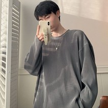 SJW 봄가을 남성 플리츠 티셔츠 무지 라운드 루즈핏 긴팔 상의 빅사이즈 M~4XL 4컬러