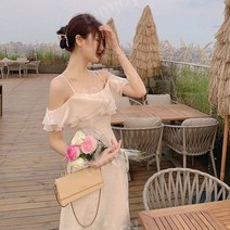 베이지 오픈숄더 여름 휴양지 바캉스 셀프웨딩 롱 원피스