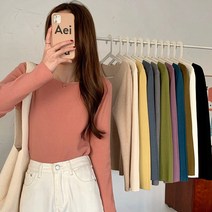 [봄신상/촉감굿] 데일리 입술넥 라운드 기본 무지 니트 레이어드 긴팔티셔츠 (3color)