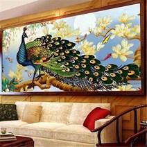 HAENGBUK 화려한 깃털 공작새 대형 보석십자수 DIY 도구 취미 키트, 하나, 200X80cm