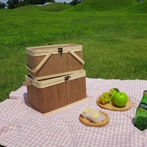 대나무 피크닉 바구니 사각 라탄 뚜껑 수납 가방 차박 캠핑 용품 바스켓 소풍 나들이, 두쪽손잡이(M)