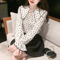 트렌디 빈티지 블라우스 여 봄 빅터틀넥 시크 하트 프린트 블라우스