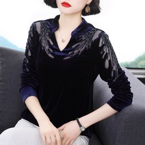 중년 엄마 여성 고급스러운 금 벨벳 양가죽 블라우스 여 여성복 봄옷 분위기 상의 이너