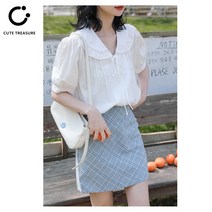 Cute treasure 반팔 셔츠 여성 여름 얇은 작은 신선한 활 인형 칼라 탑
